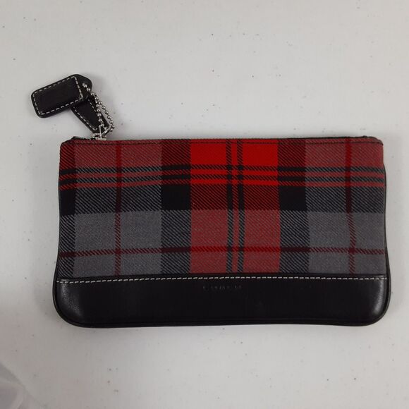 Coach Tartan Hampton Vintage Plaid Wool & Leather Small Pouch Black & Red Clutch - Picture 1 of 10